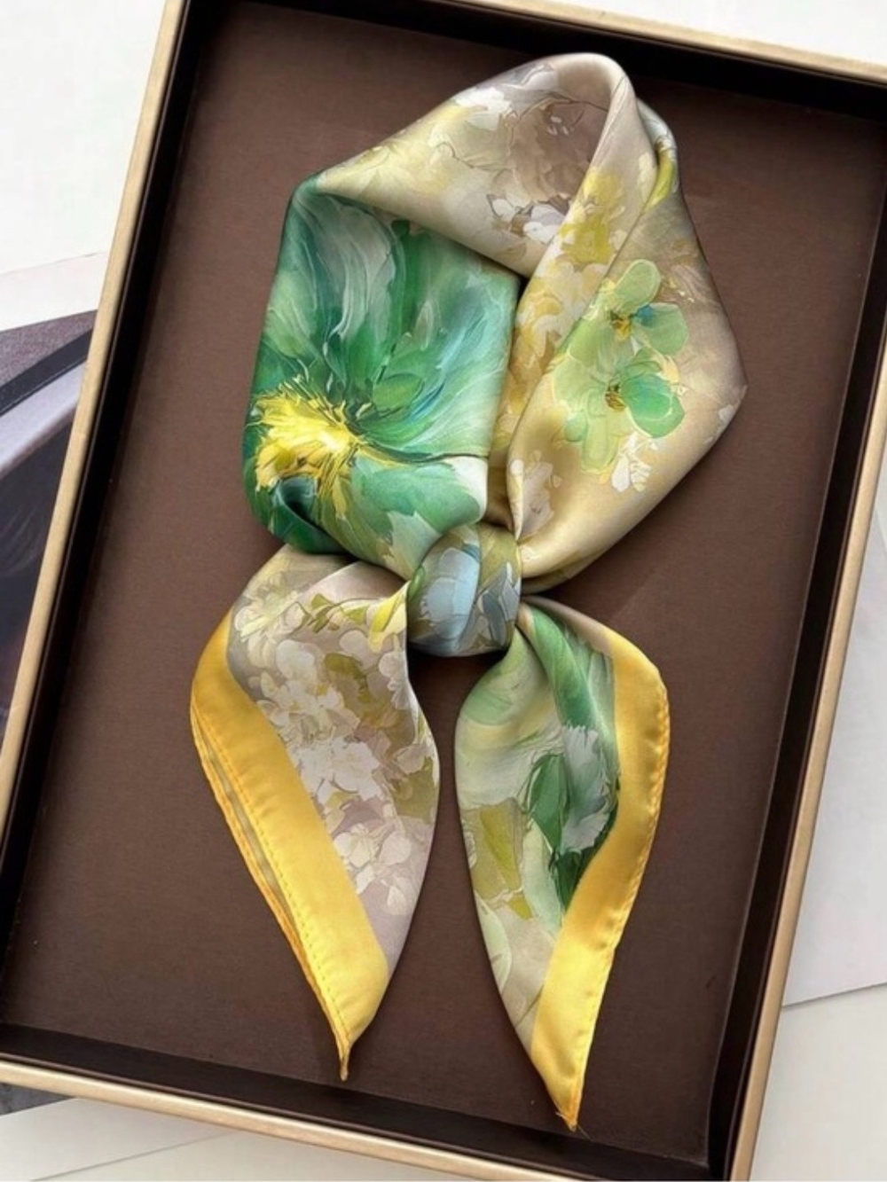 Anthropologie Yellow and Green Floral Silk Scarf